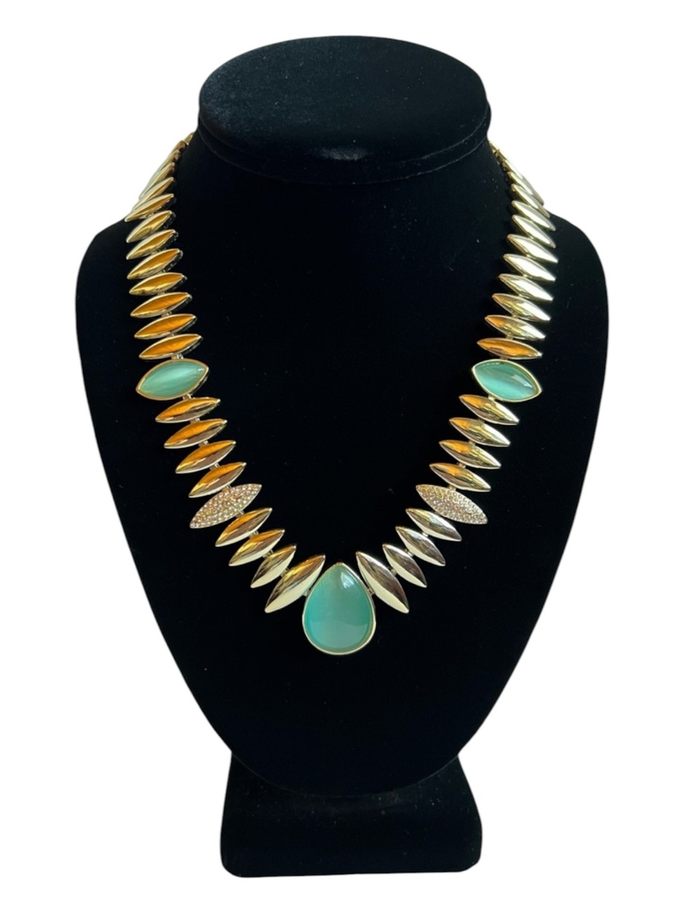 Statement Gold Tone Necklace Teal Stone Rhinestone Accent Bib Style